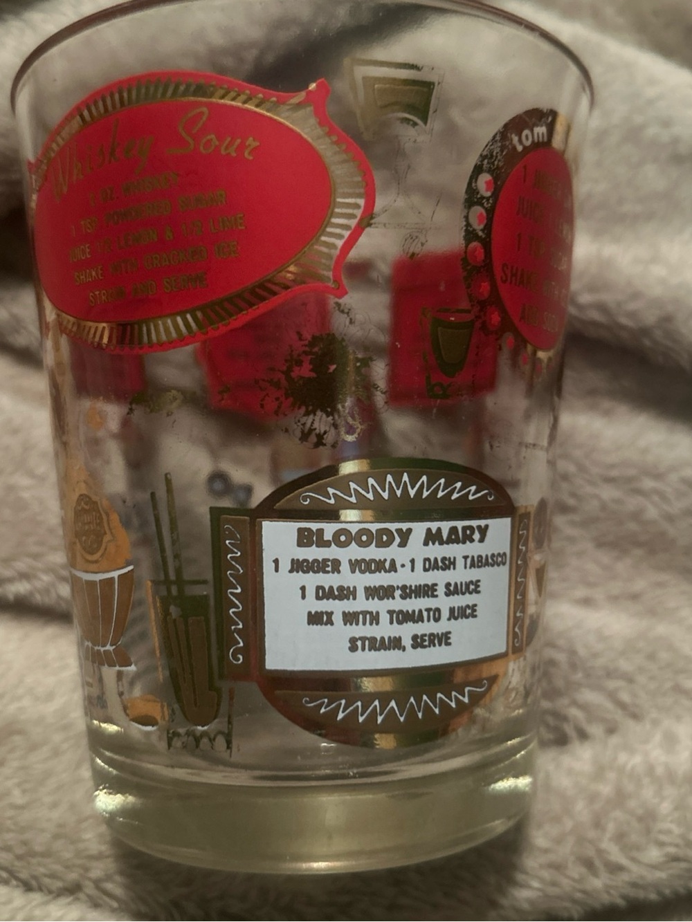 Vintage Cocktail Recipe Glass - Bloody Mary Design (Gold & Red)